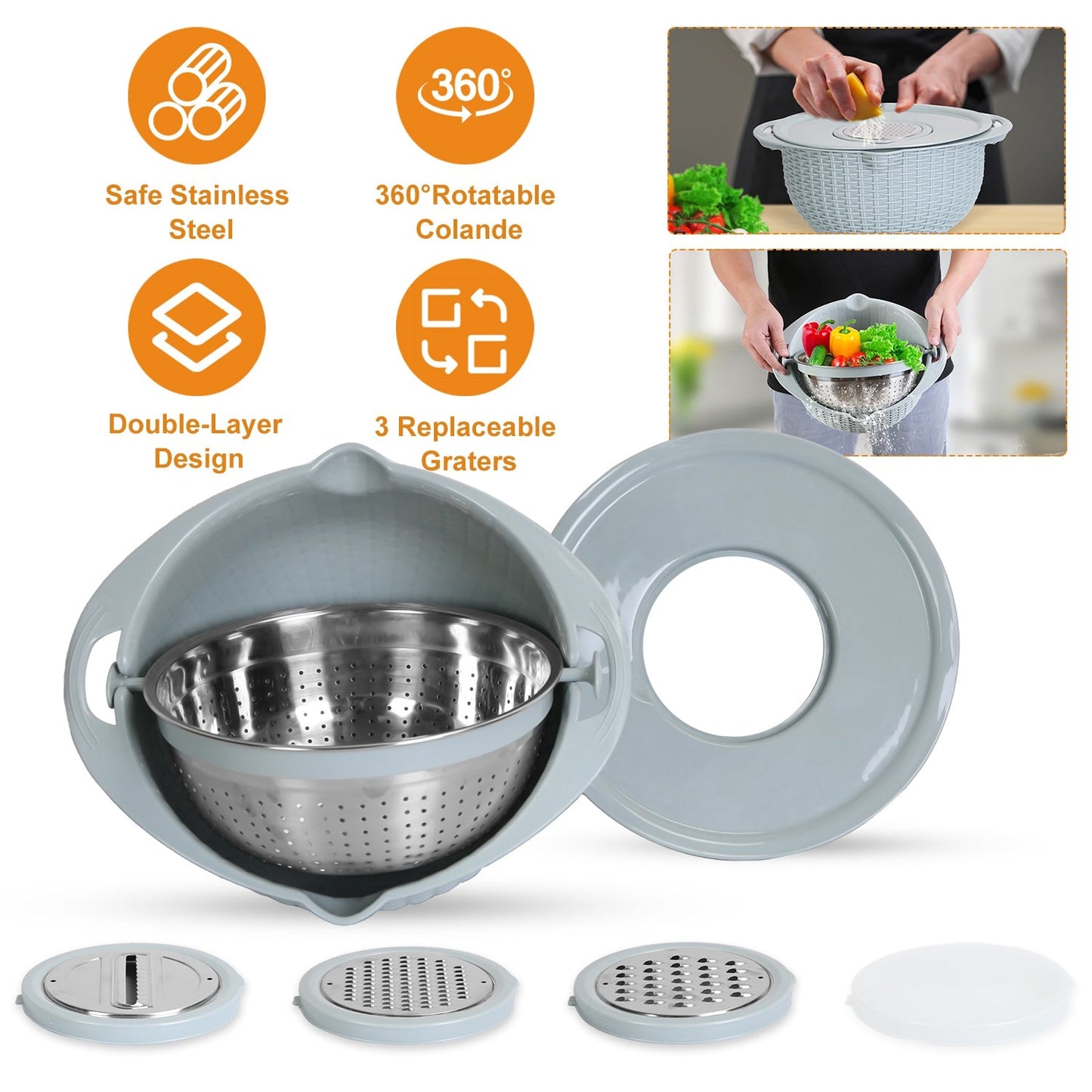 Multifunctional Mixing Bowl with Lid Set 3 Replaceable Graters Food Strainer and Colander Fruit Vegetable Washing Basket Stainless Steel