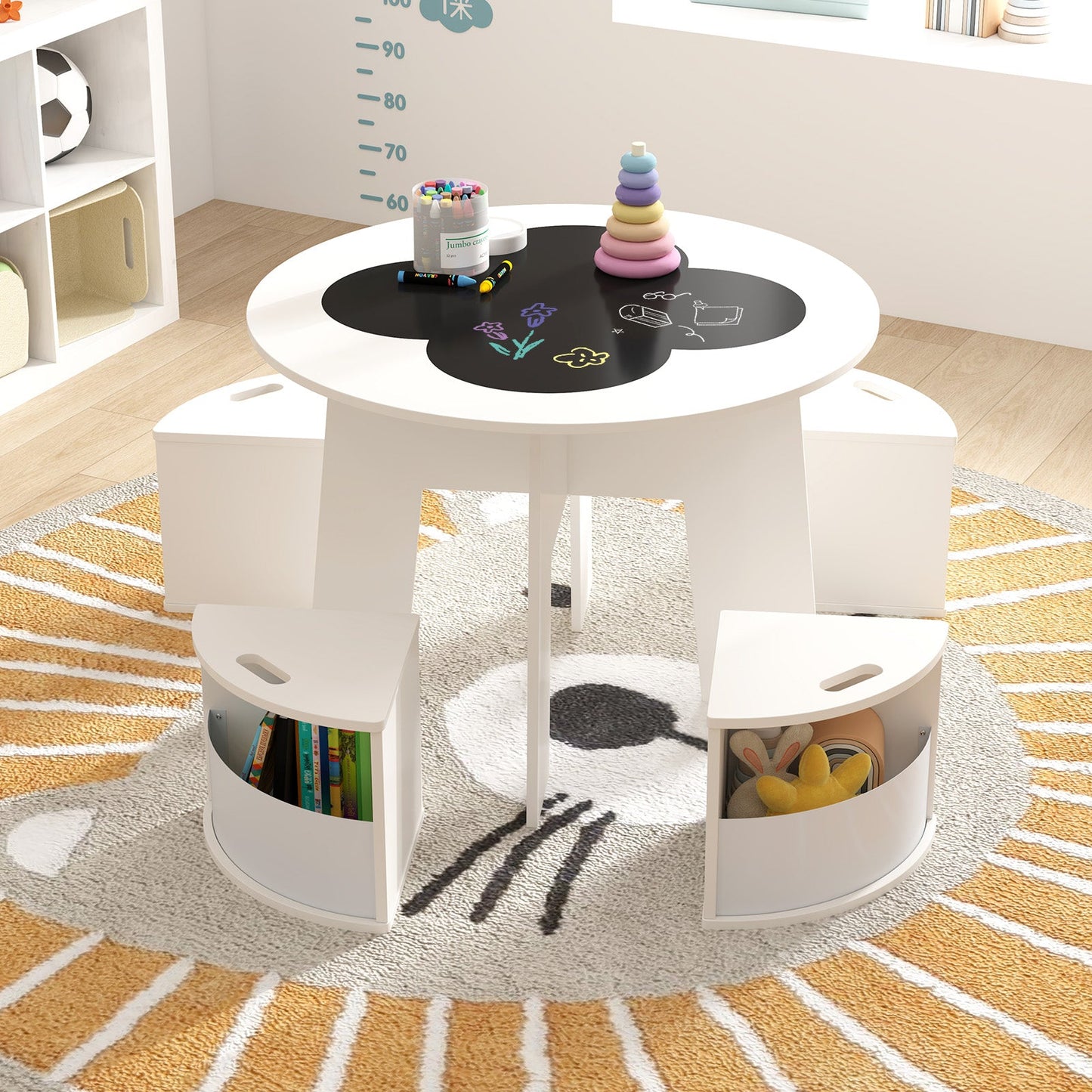5 PCS Kids Table and Chair Set with Storage Stools for Activity-White