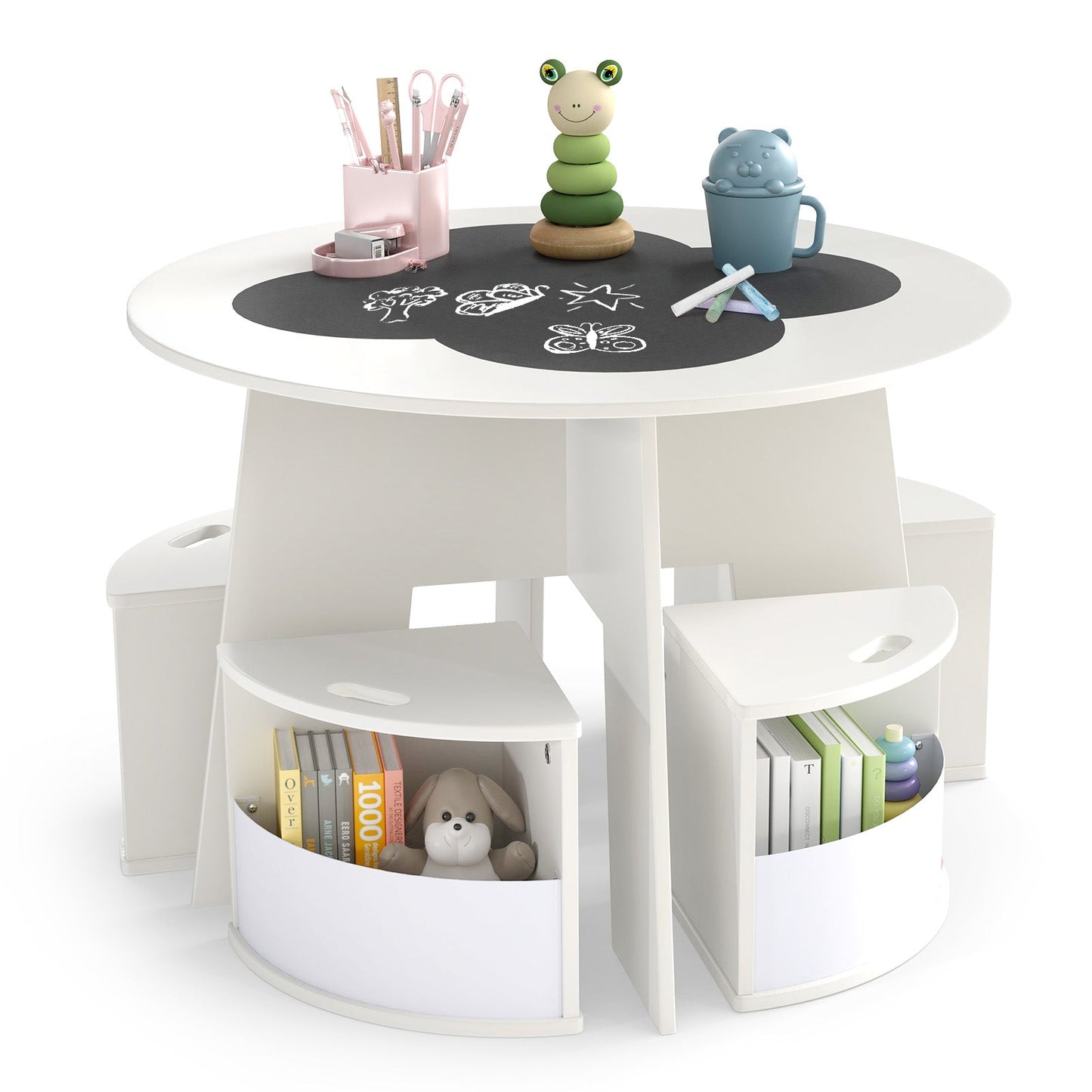 5 PCS Kids Table and Chair Set with Storage Stools for Activity-White