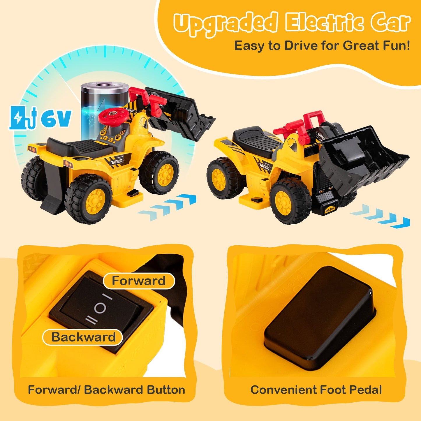 6V Kids Ride On Bulldozer with Folding Basketball Hoop and Balls
