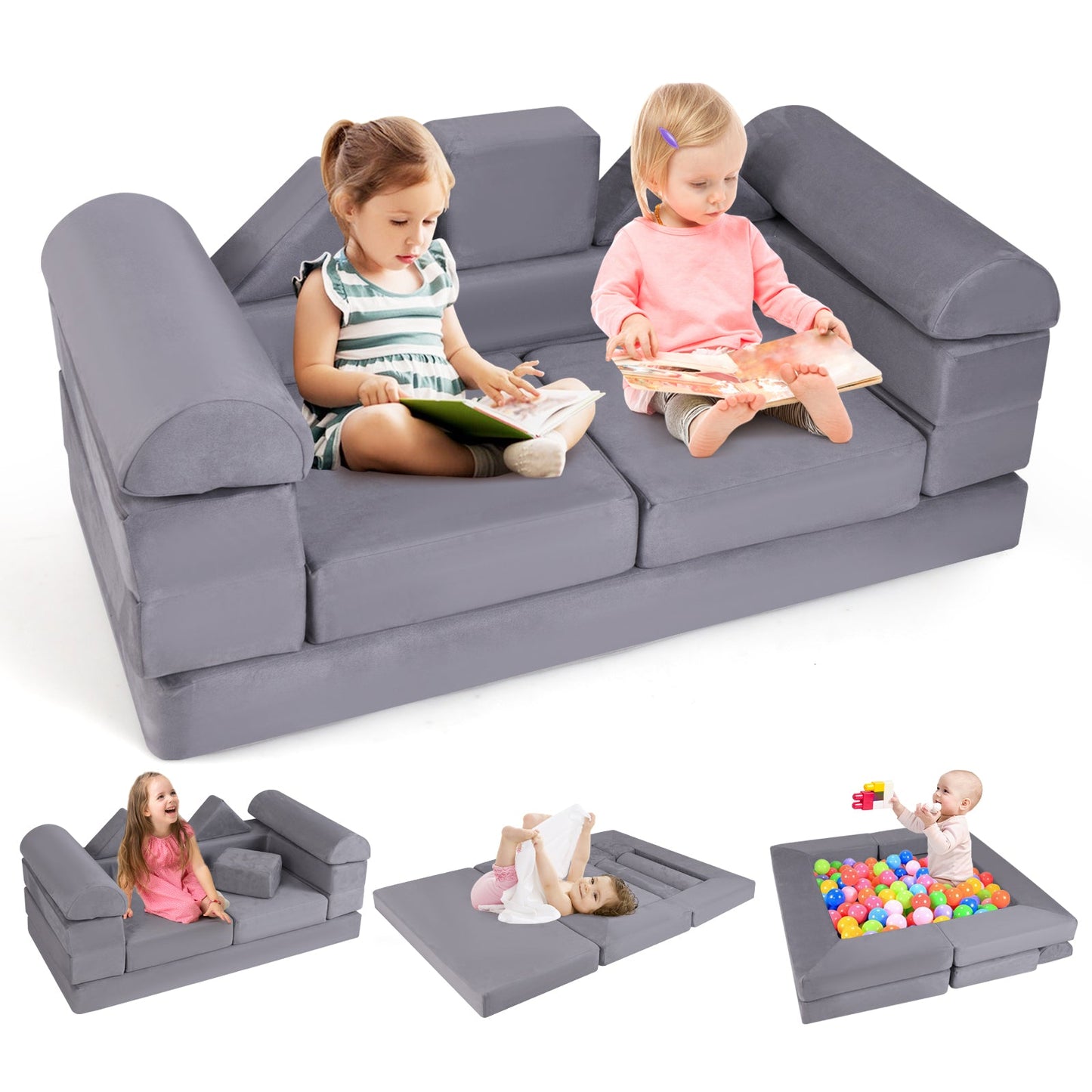 9-Piece Climb and Crawl Foam and Floor Playset with Breathable Suede Fabric-Gray