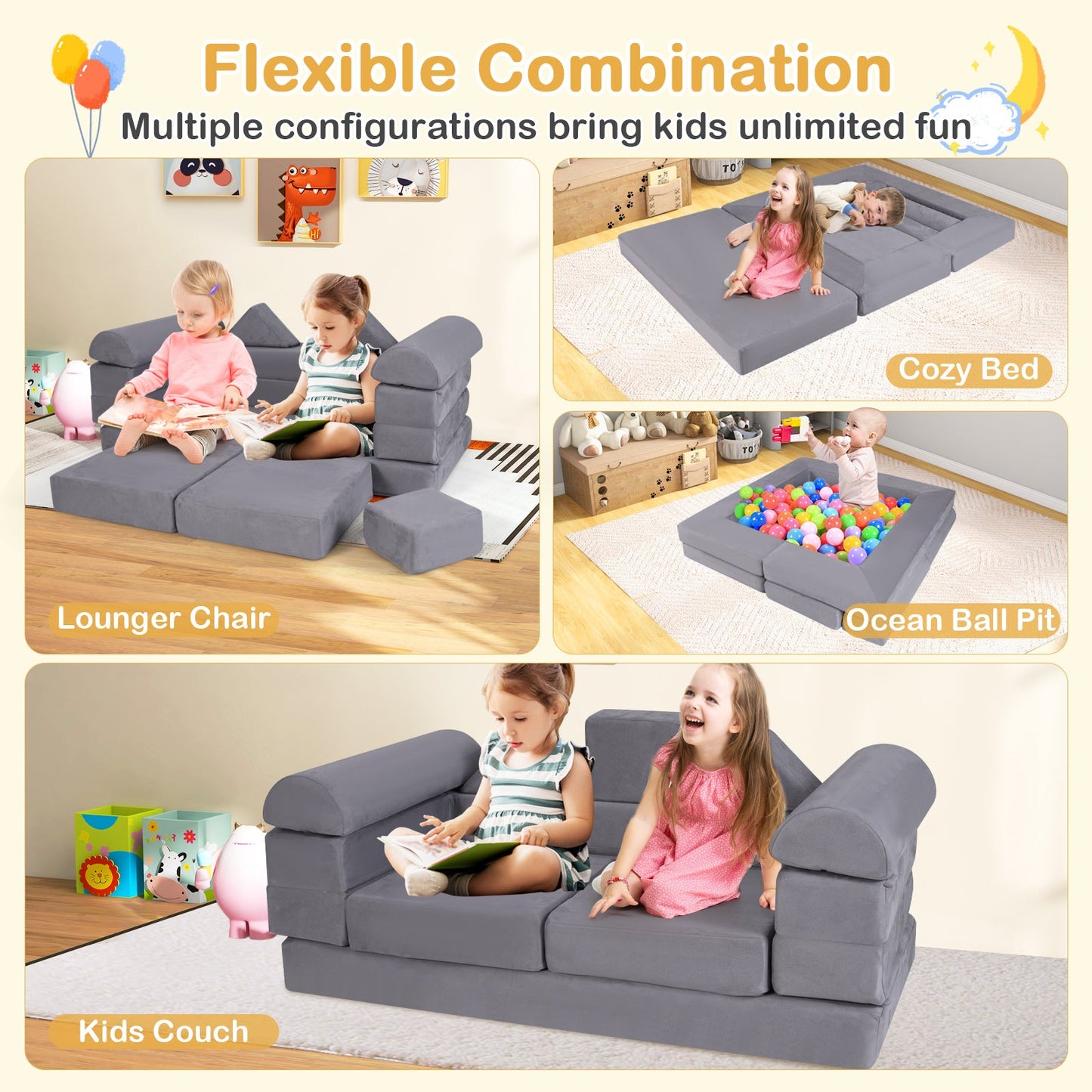 9-Piece Climb and Crawl Foam and Floor Playset with Breathable Suede Fabric-Gray