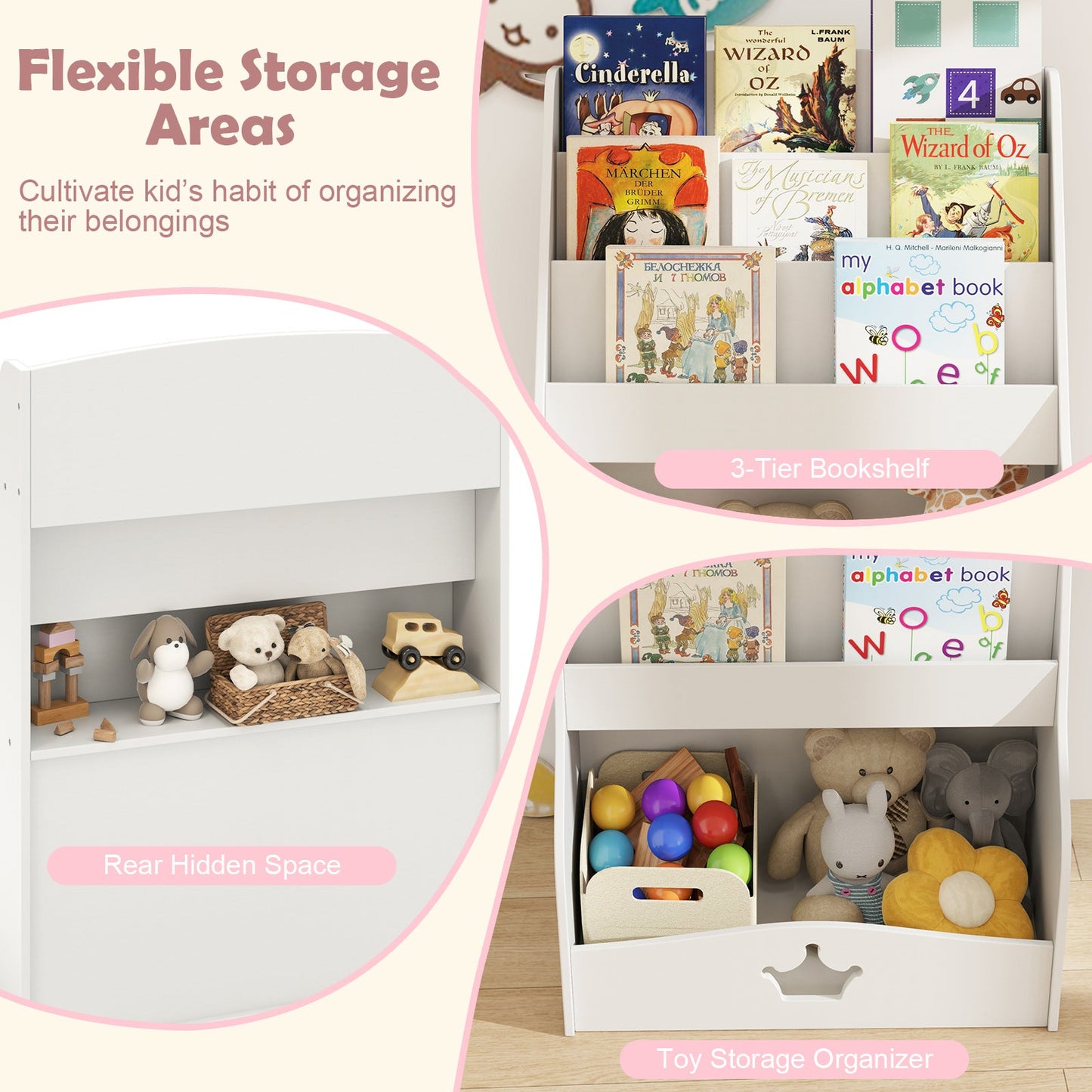 4-Tier Kids Bookshelf with Shelves and Compartment for Toddlers-White