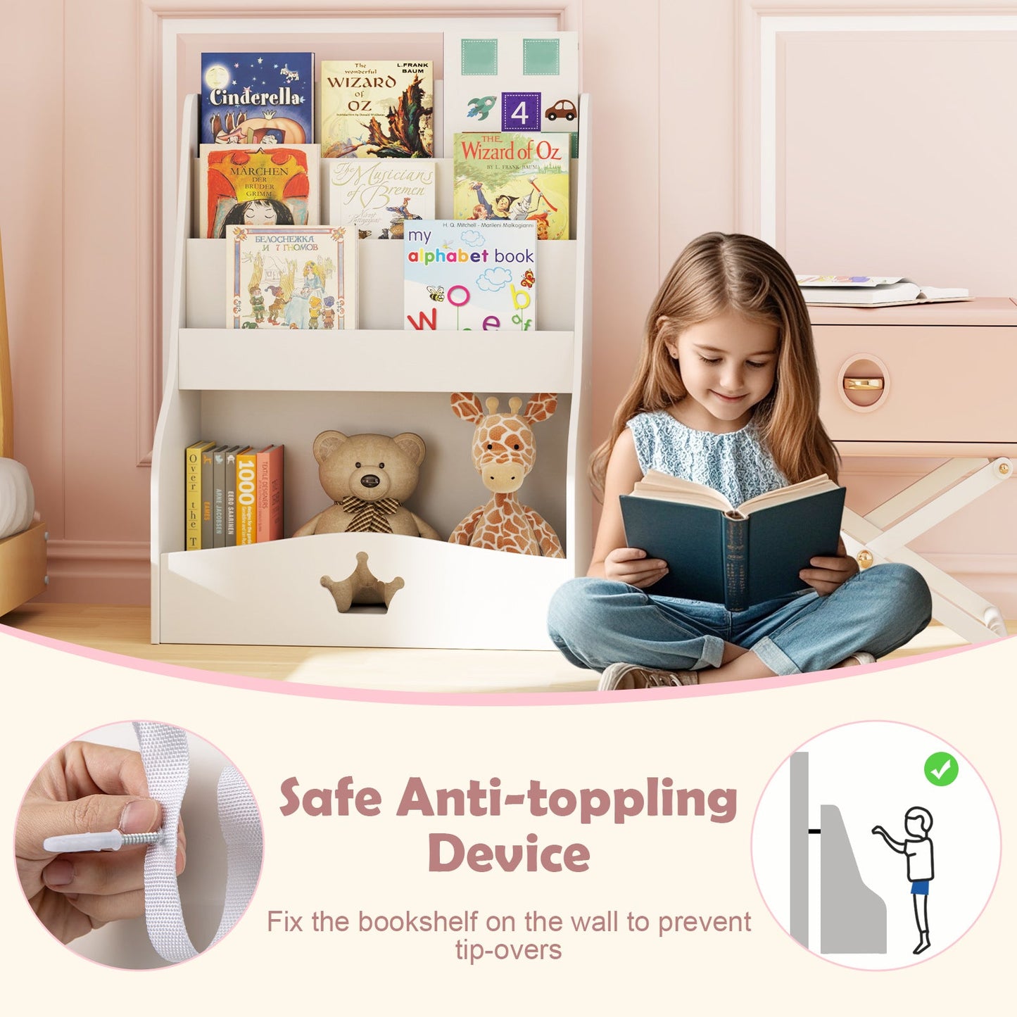 4-Tier Kids Bookshelf with Shelves and Compartment for Toddlers-White