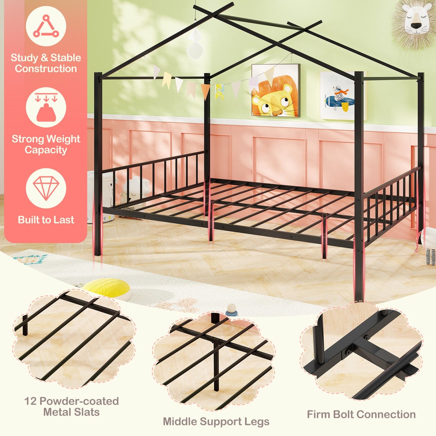 Full Size Metal House Bed with 2 Fabric Drawers for Kids-Black