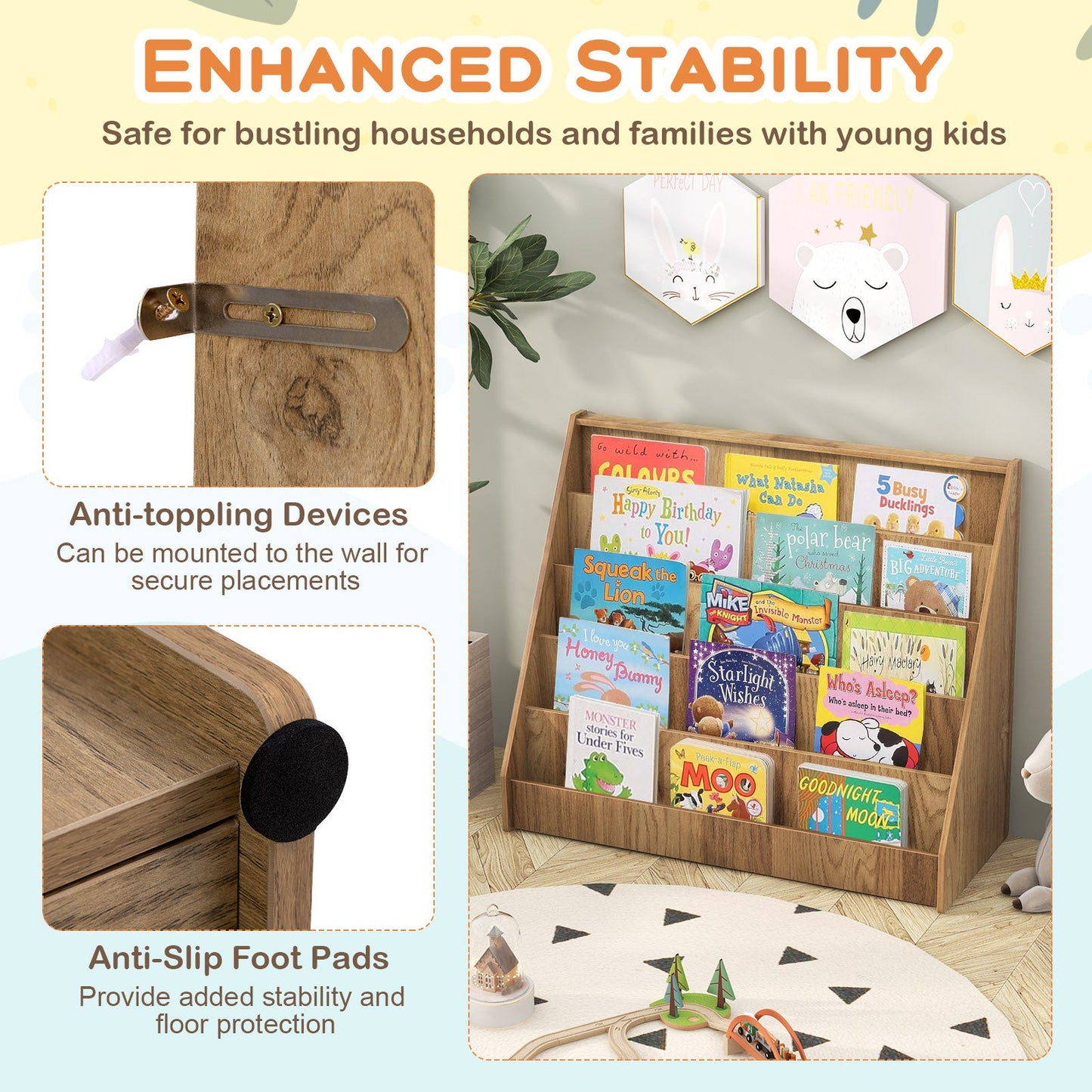 5-Tier Kids Bookshelf with Deep Compartments and Stable Baby Book Case-Natural