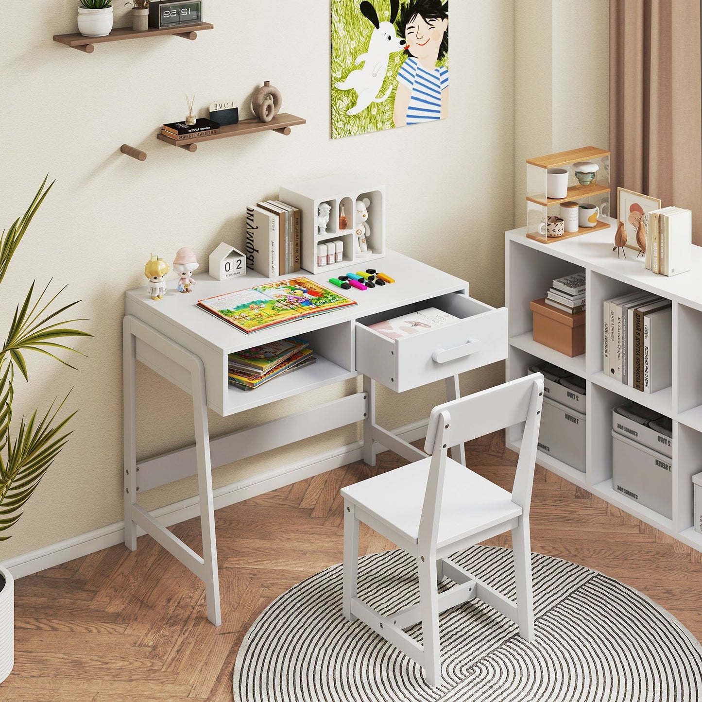 Kids Desk and Chair Set with Storage Drawer and Hutch-White