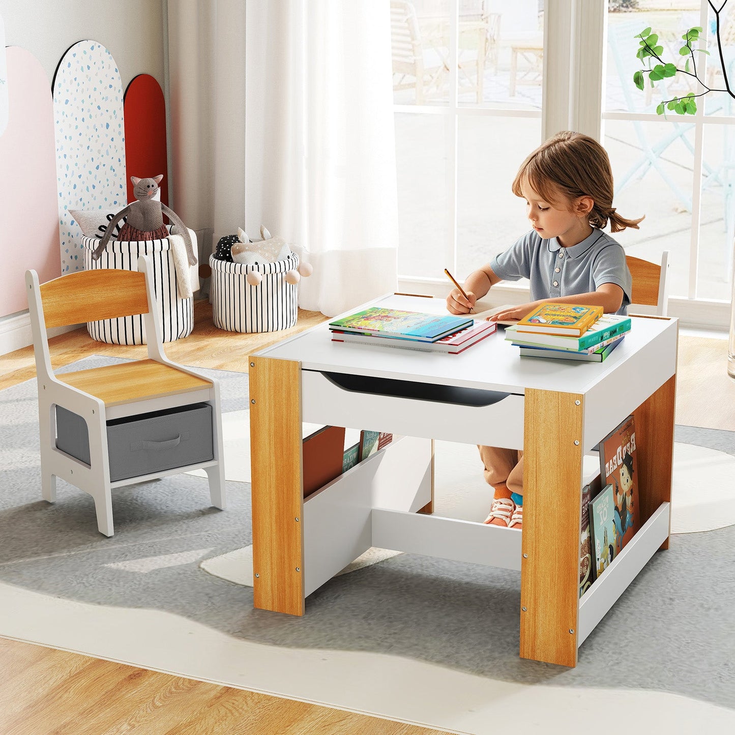 4 in 1 Kids Toddler Activity Table and Chairs Set with Reversible Tabletop-Natural
