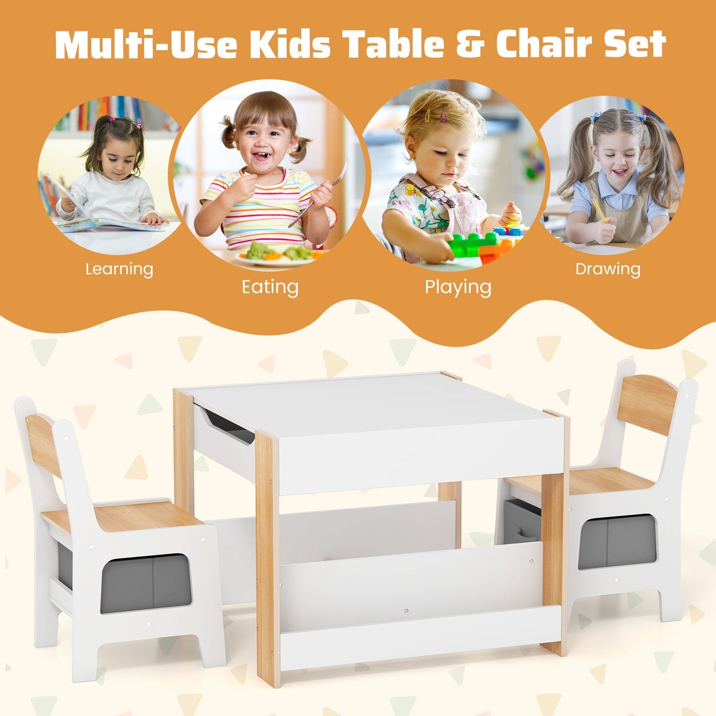 4 in 1 Kids Toddler Activity Table and Chairs Set with Reversible Tabletop-Natural