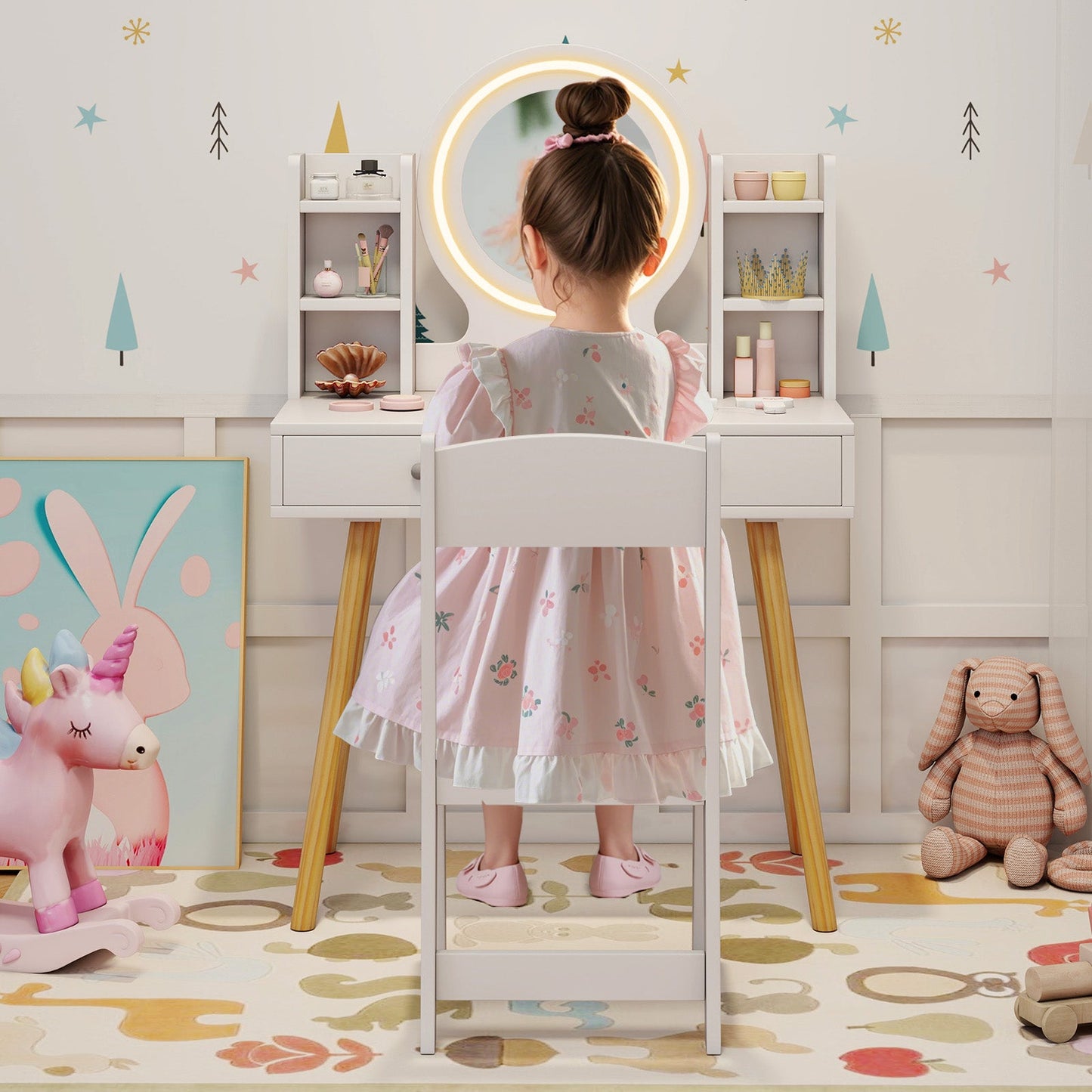 Kids Vanity Set with Lighted Mirror and Storage Drawers-White