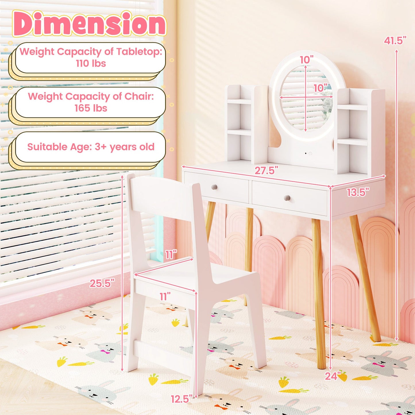 Kids Vanity Set with Lighted Mirror and Storage Drawers-White