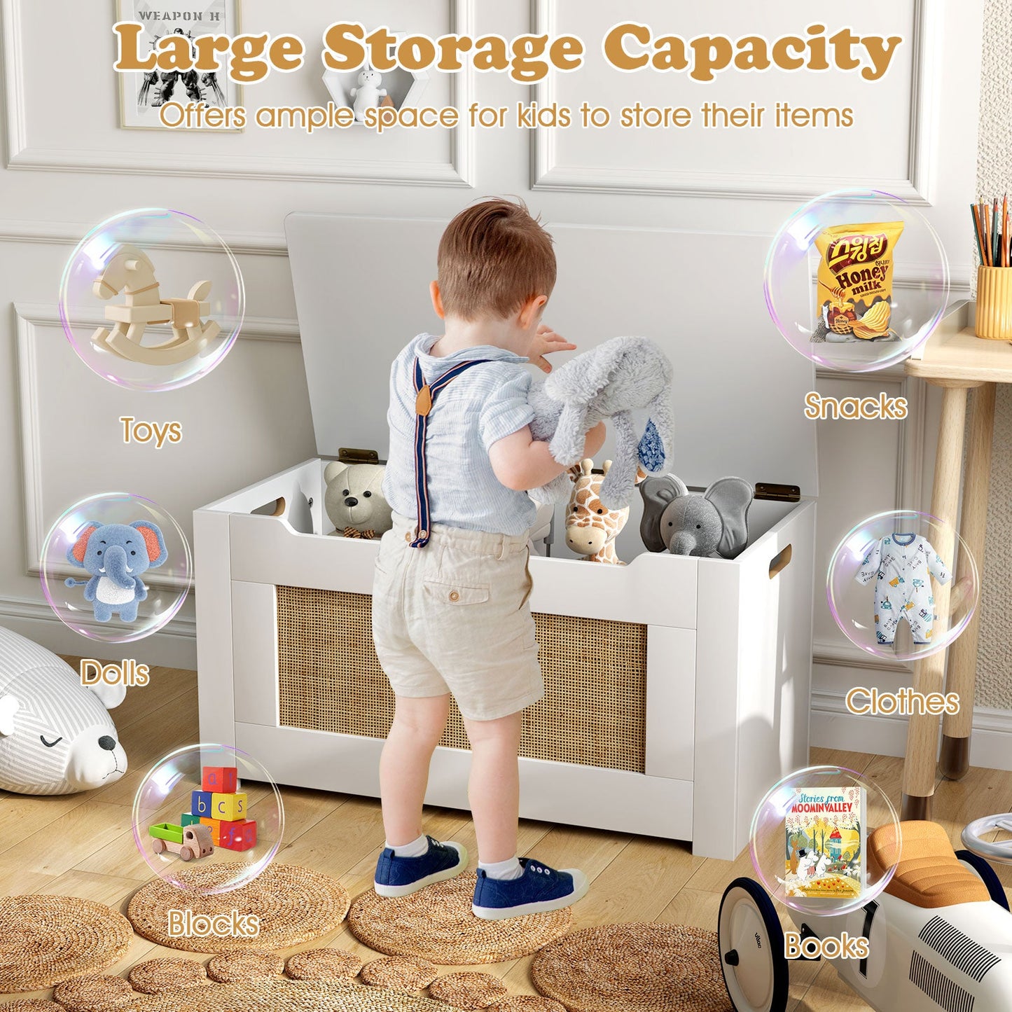 Kids Rattan Toy Storage Box with Flip Top Lid and Safety Hinge Handles-White