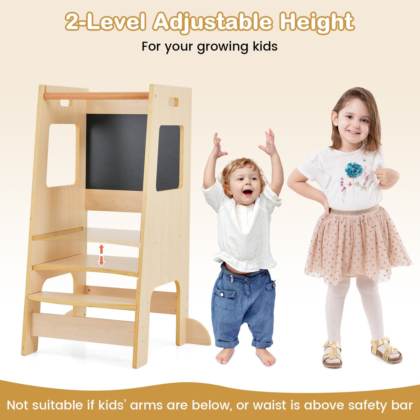 Toddler Kitchen Step Stool with Activity Chalkboard and Adjustable Height-Natural