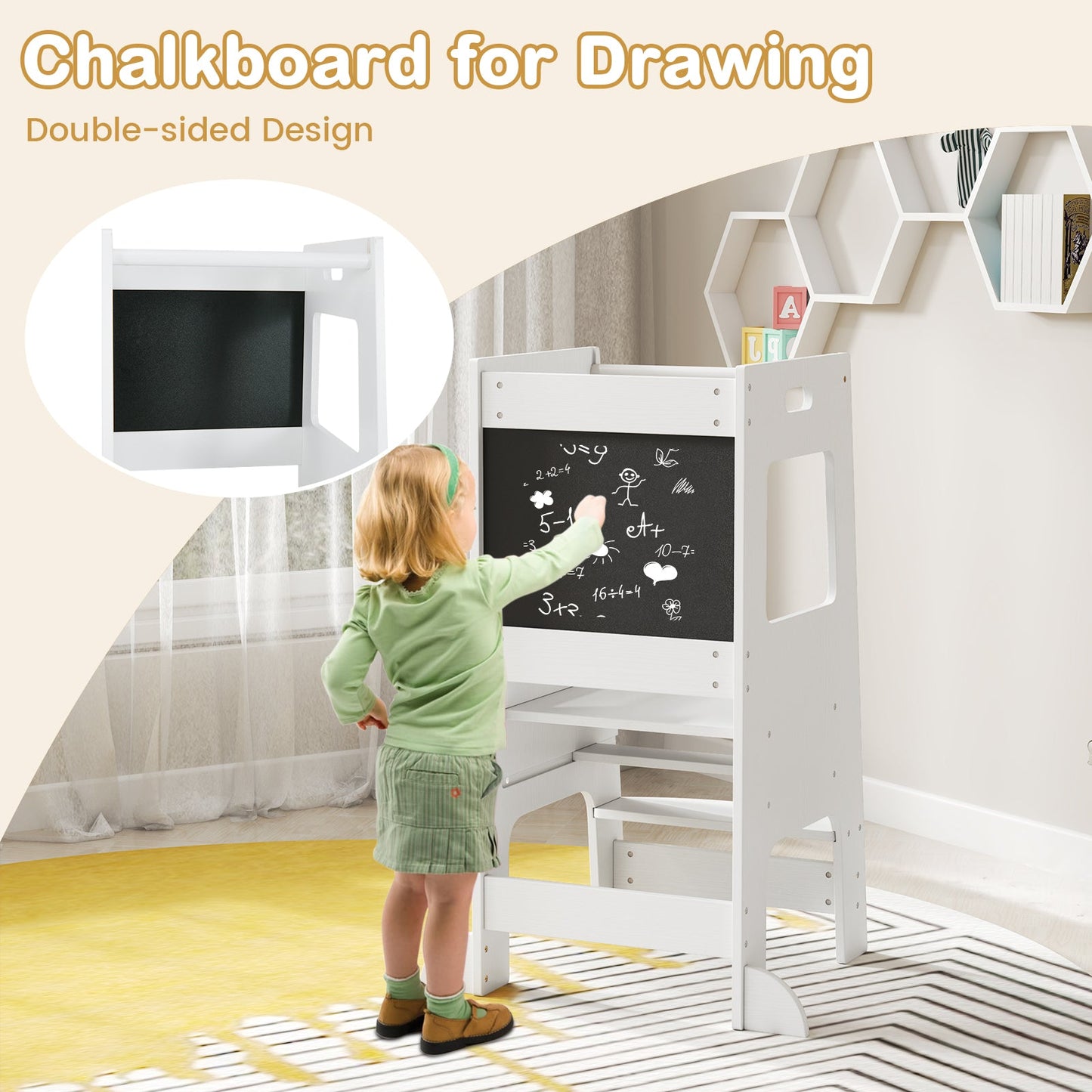 Toddler Kitchen Step Stool with Activity Chalkboard and Adjustable Height-White