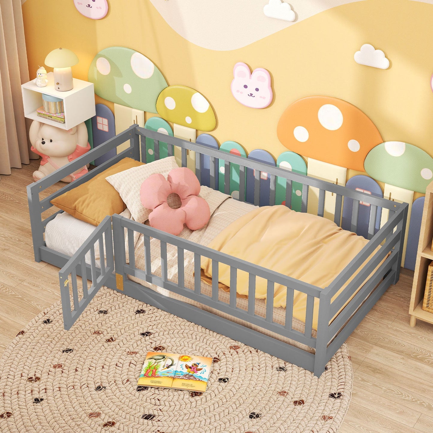 Twin Size Floor Bed with High Fence and Door Playhouse for Kids-Gray