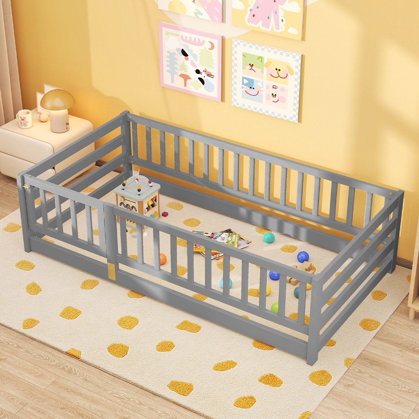 Twin Size Floor Bed with High Fence and Door Playhouse for Kids-Gray