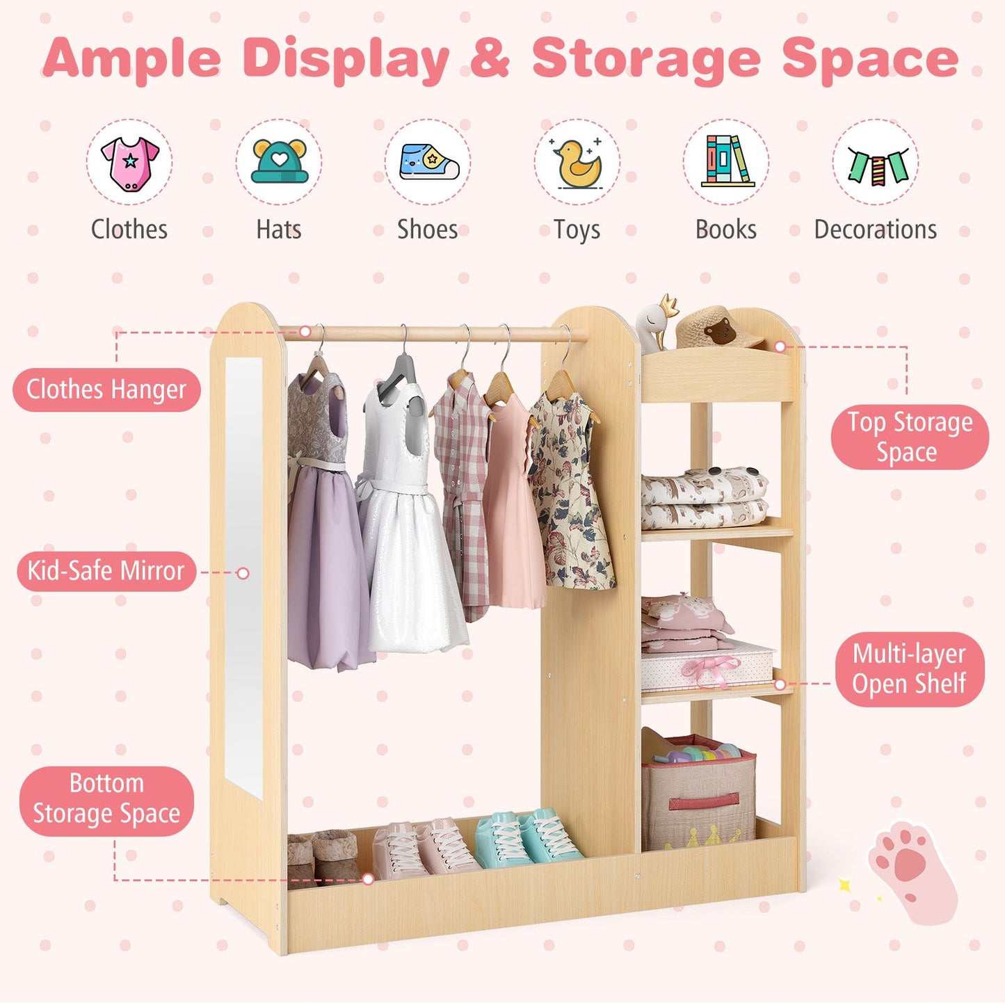 Kids Dress Up Storage with Mirror-Natural